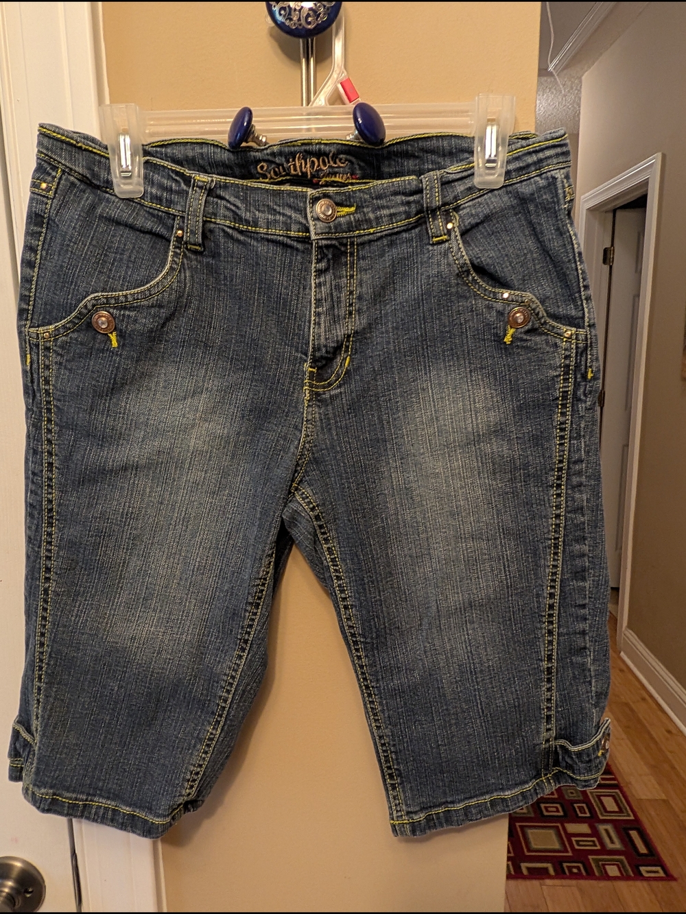 South Pole Women's Blue Cropped Denim Shorts with Yellow Stitching